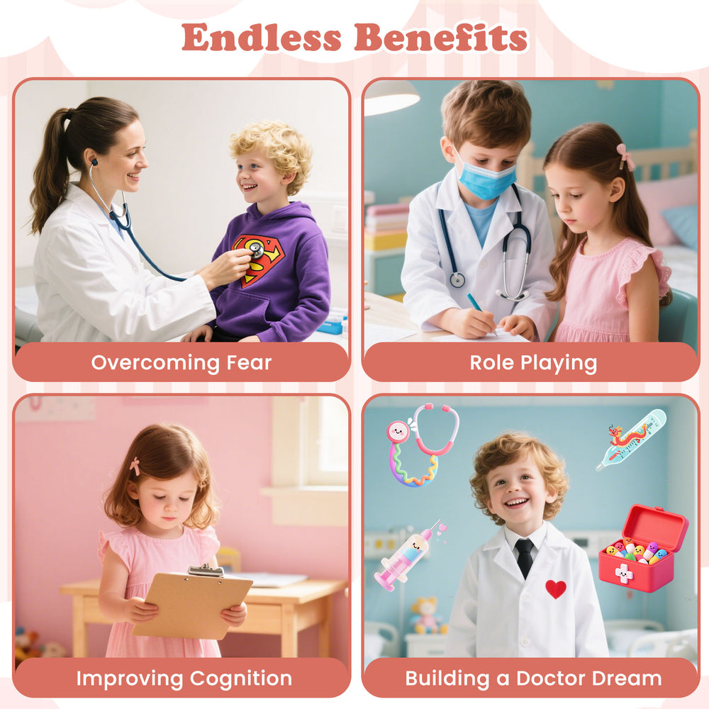 Wooden doctor playset with stethoscope and 24 medical accessories for toddlers, promoting role play and cognitive.