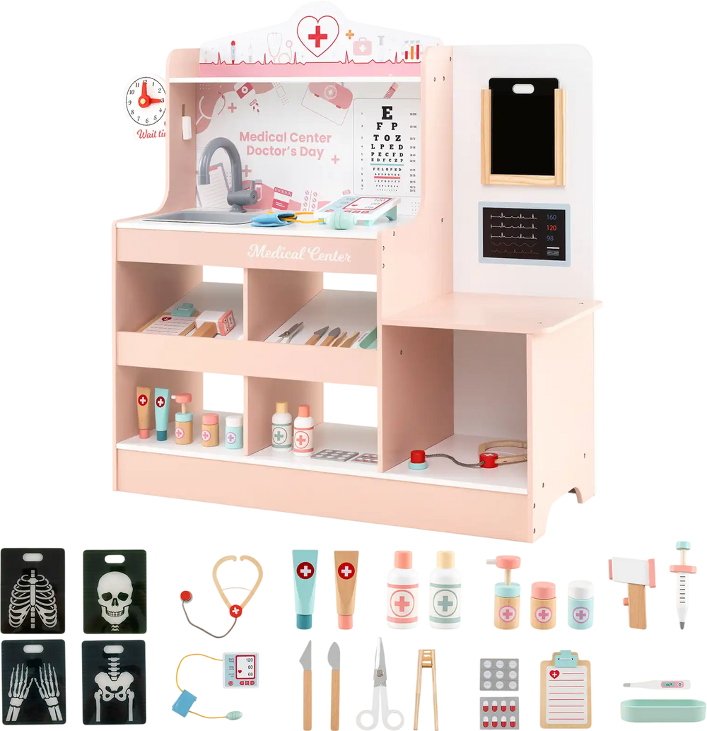 Wooden doctor playset in pink with stethoscope, 24 accessories, and storage shelves for imaginative medical role play.