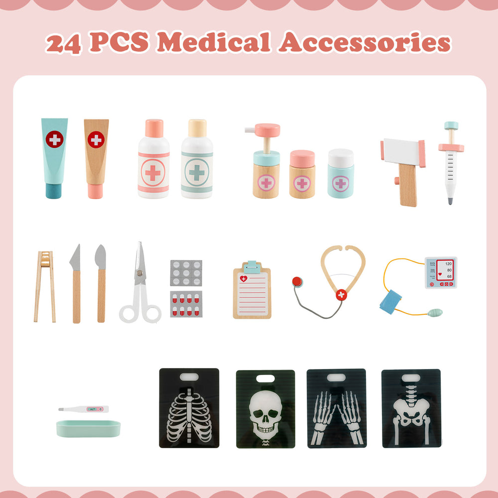 Wooden doctor playset with 24 medical accessories, including stethoscope and syringes, for toddlers' imaginative play.