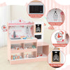 Wooden doctor playset in pink with stethoscope, 24 medical accessories, and storage shelves for imaginative play.