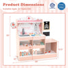 Wooden doctor playset in pink with shelves, stethoscope, and 24 medical accessories for toddlers over 3 years old.