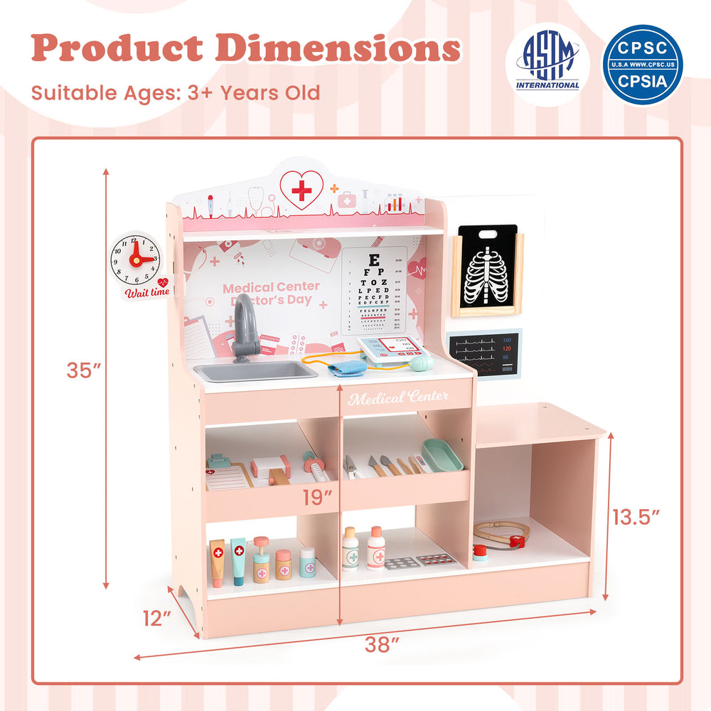 Wooden doctor playset in pink with shelves, stethoscope, and 24 medical accessories for toddlers over 3 years old.