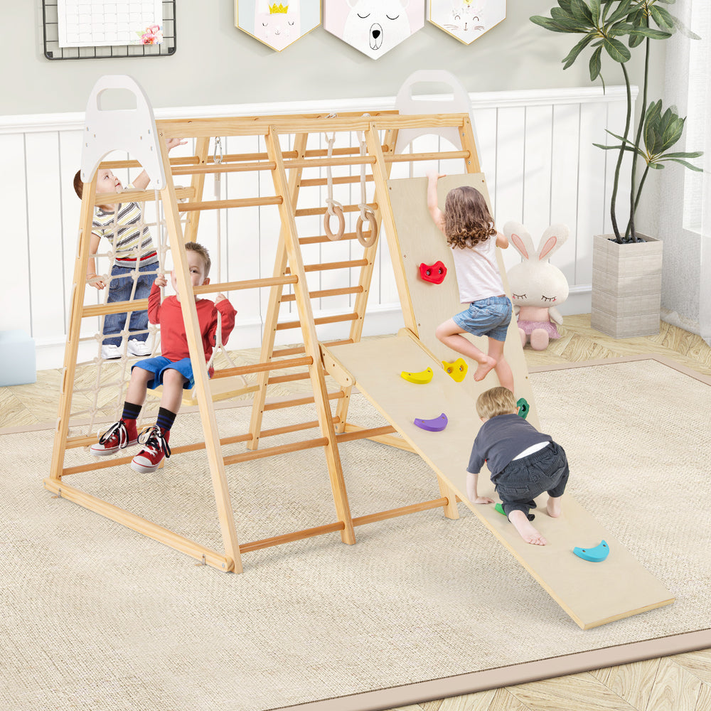 Wooden jungle gym playset featuring monkey bars, slide, and climbing ramp for 4-5 kids to enjoy active play.