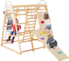 Wooden jungle gym playset featuring monkey bars, climbing net, slide, and gymnastic rings for 4-5 kids to play safely.
