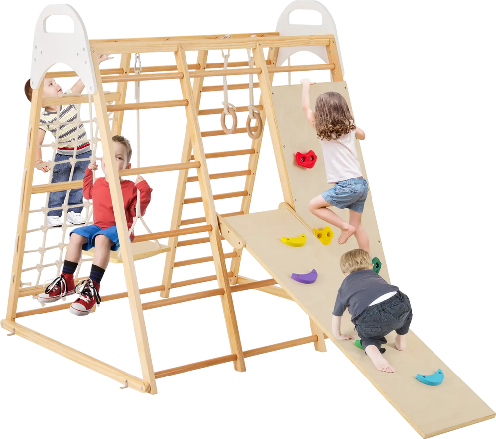 Wooden jungle gym playset featuring monkey bars, climbing net, slide, and gymnastic rings for 4-5 kids to play safely.