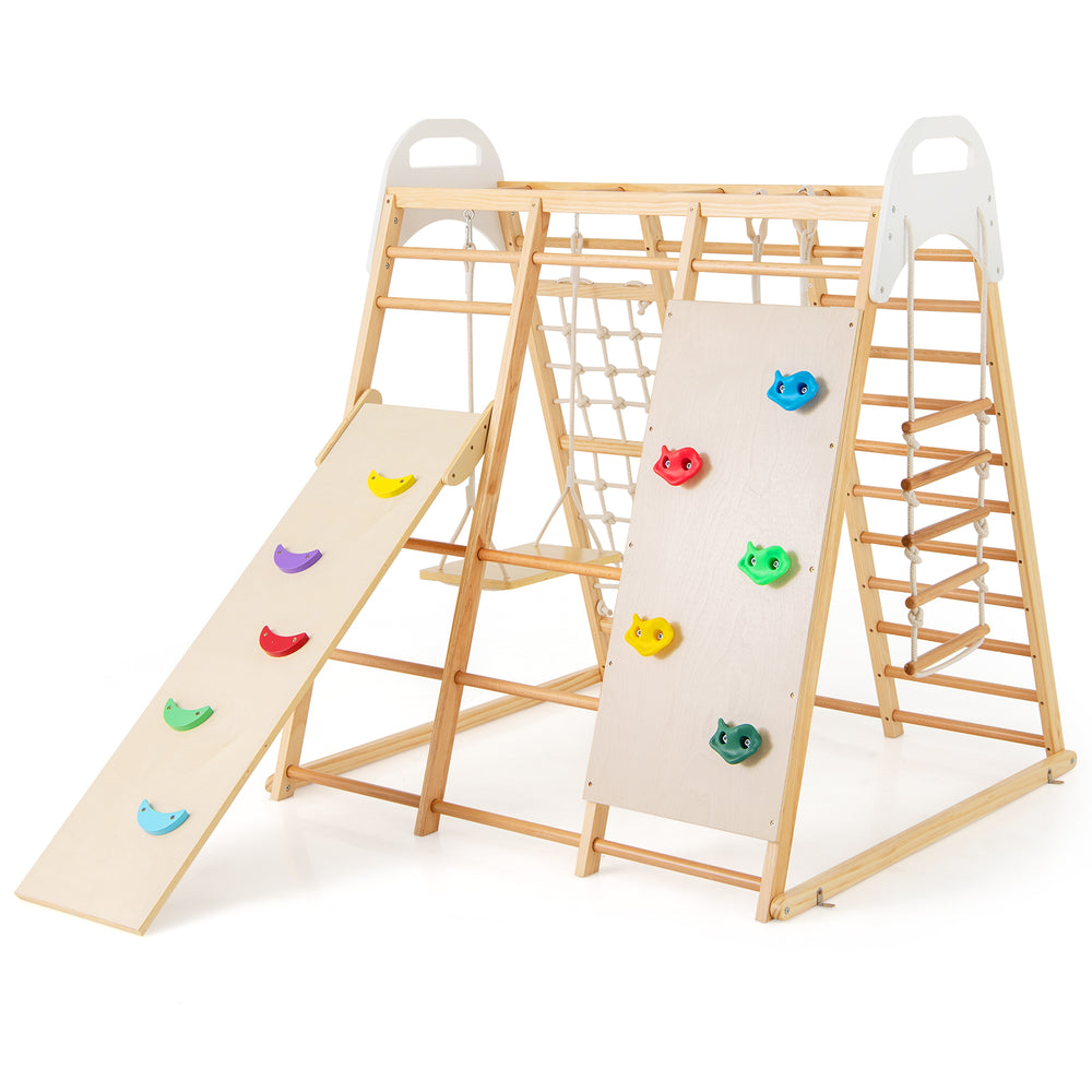 Wooden jungle gym playset featuring a slide, monkey bars, climbing net, and colorful grips for kids' active play.