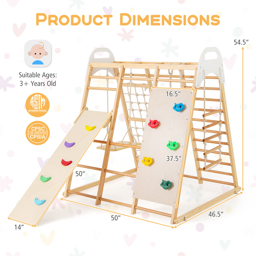 8-in-1 wooden jungle gym playset with slide, monkey bars, and climbing features for kids aged 3+ for active play.