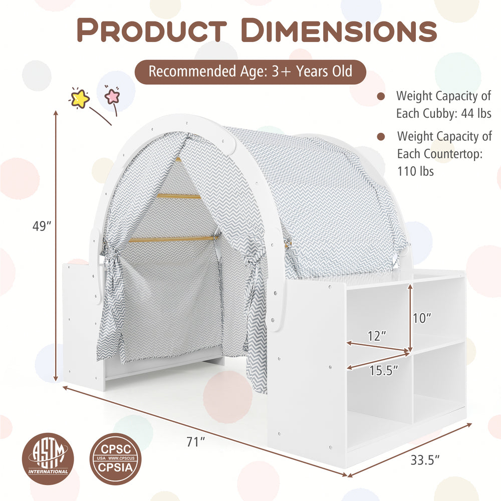 Wooden kids play tent with curtain shades, 8 cubbies, and spacious inner area for safe play, suitable for ages 3+.