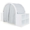 Wooden kids play tent in white with curtain shades and 8 cubbies, perfect for safe play and organized storage.