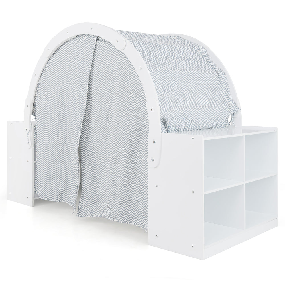 Wooden kids play tent in white with curtain shades and 8 cubbies, perfect for safe play and organized storage.