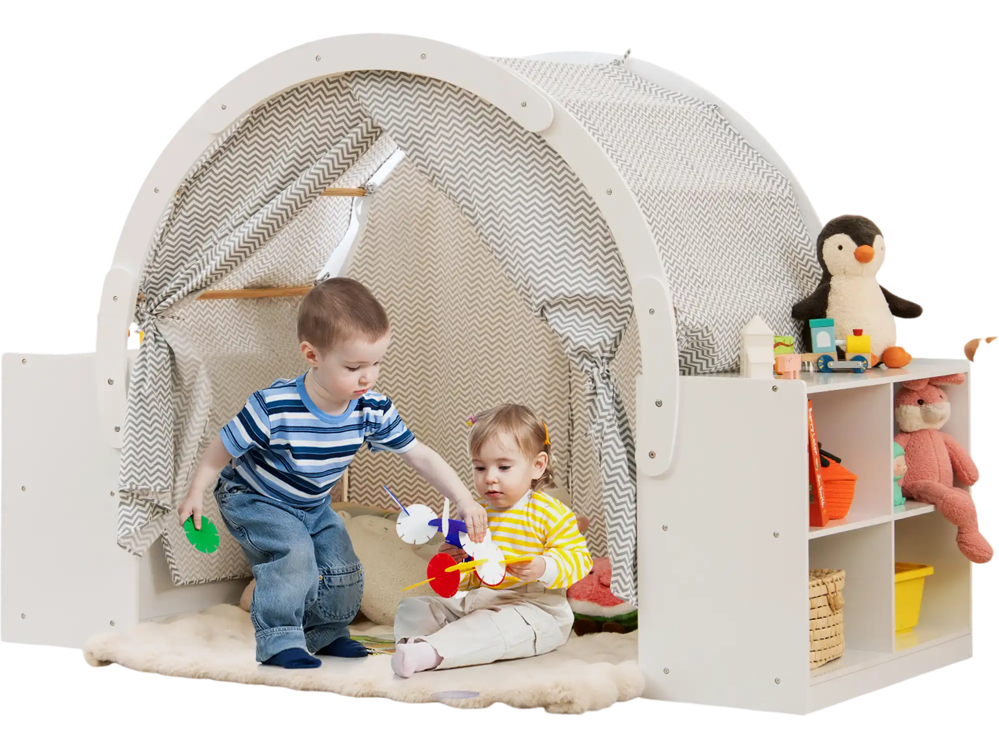 Costway Wooden Kids Play Tent w/ Curtain Shades & 8 Cubbies White 517369428 New