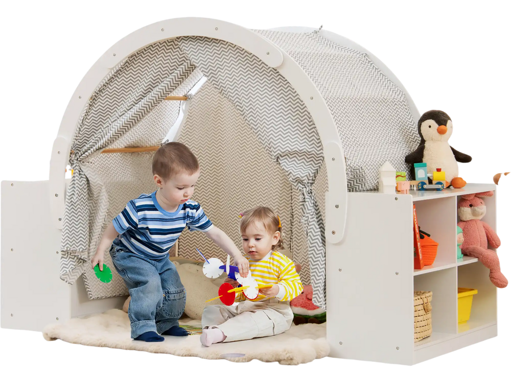 Wooden kids play tent with curtain shades and 8 cubbies, spacious for 2-3 children, made from MDF and solid pine wood.