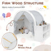 Wooden kids play tent with curtain shades, made of MDF and pine wood, featuring 8 cubbies for organized play.