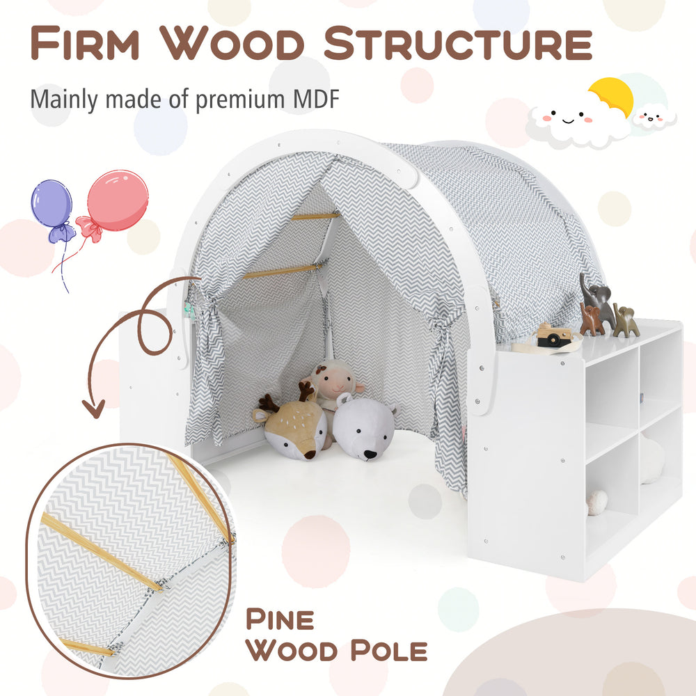 Wooden kids play tent with curtain shades, made of MDF and pine wood, featuring 8 cubbies for organized play.