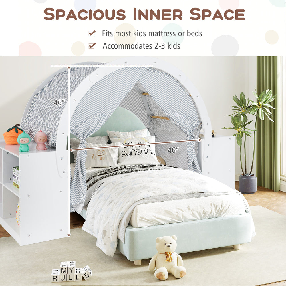 Wooden kids play tent with curtain shades, featuring 46" inner space, suitable for 2-3 kids, and 8 cubbies for storage.