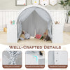 Wooden kids play tent with curtain shades, featuring 8 cubbies and reinforced connections for safe play.