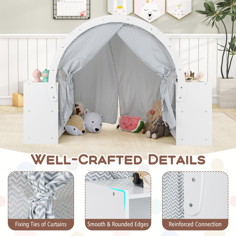 Wooden kids play tent with curtain shades, featuring 8 cubbies and reinforced connections for safe play.