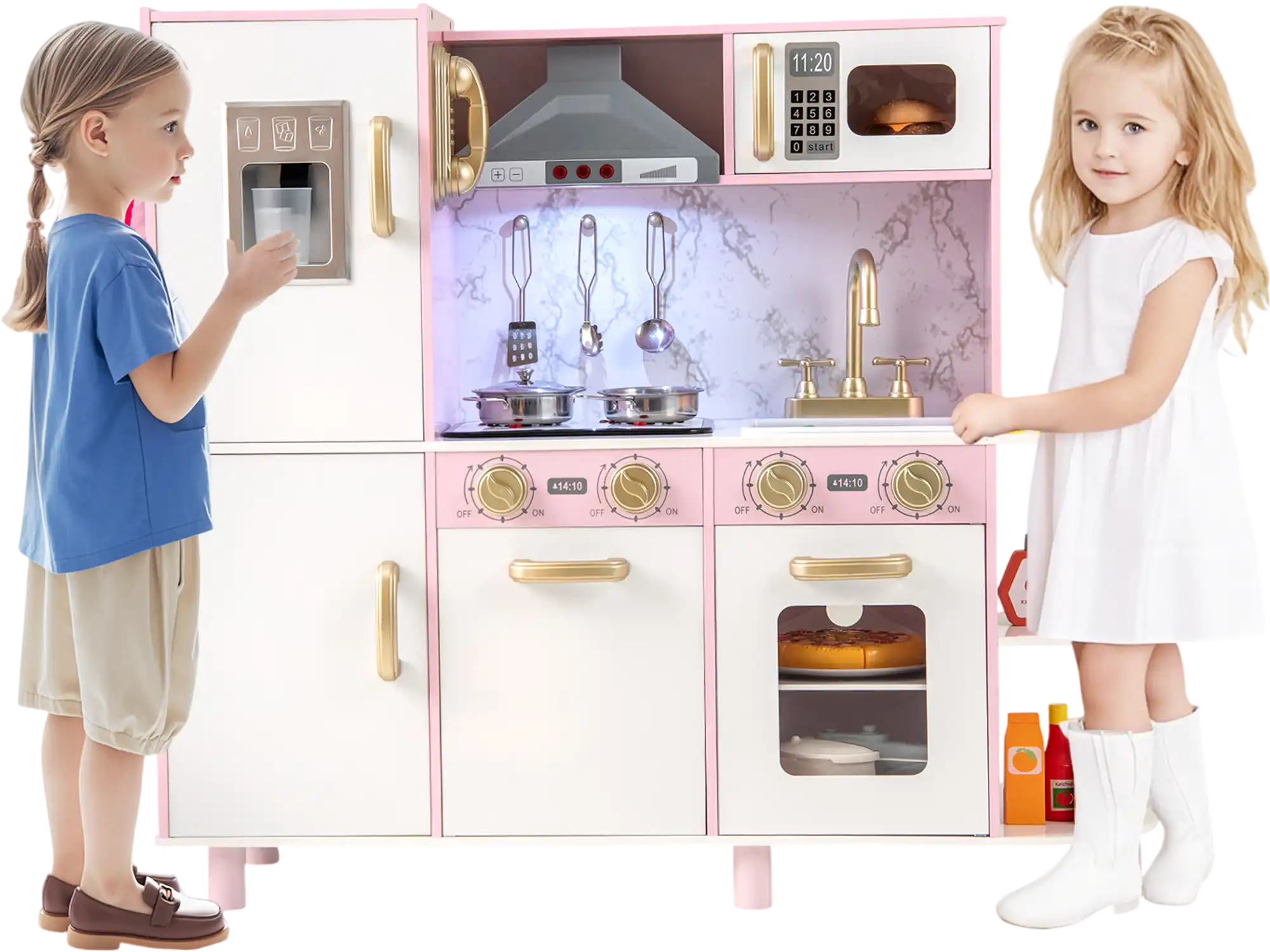 Costway Wooden Kids Kitchen Playset Ice Maker Sounds Pink 328469715 New