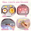 Wooden kitchen playset featuring stoves with lights and sounds, rotary knobs, and an ice maker for imaginative play.