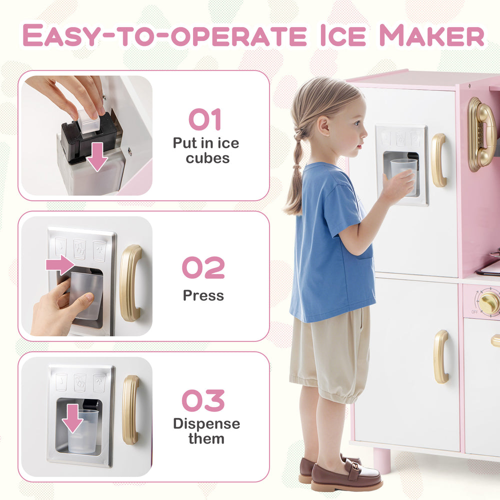 Easy-to-operate ice maker on a pink wooden kitchen playset, designed for imaginative play and hands-on skills.