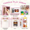 Wooden kitchen playset featuring a microwave, oven, and sink with lights and sounds for imaginative play.