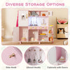 Wooden kitchen playset in pink with diverse storage options, ice maker, and realistic lights and sounds for imaginative.