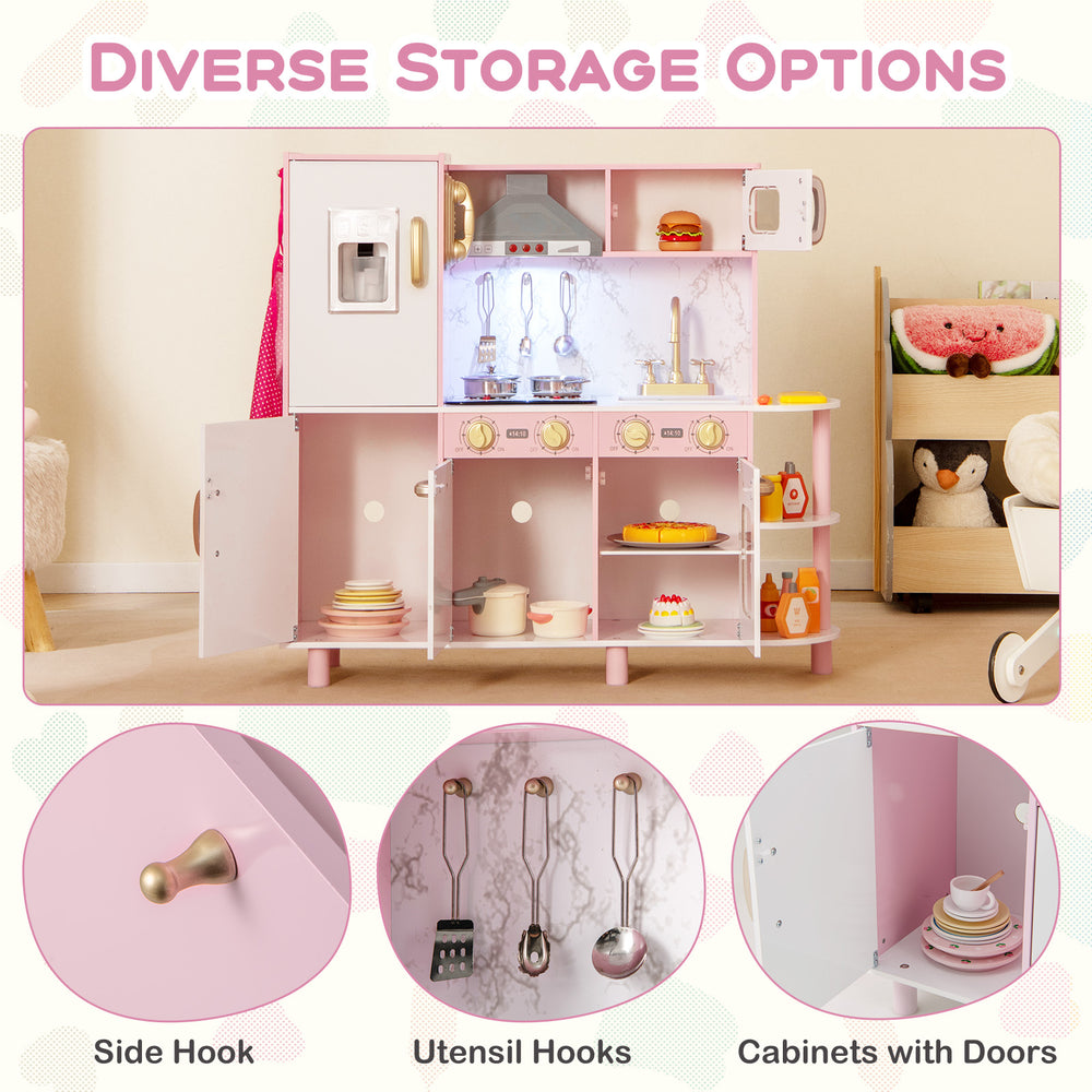 Wooden kitchen playset in pink with diverse storage options, ice maker, and realistic lights and sounds for imaginative.