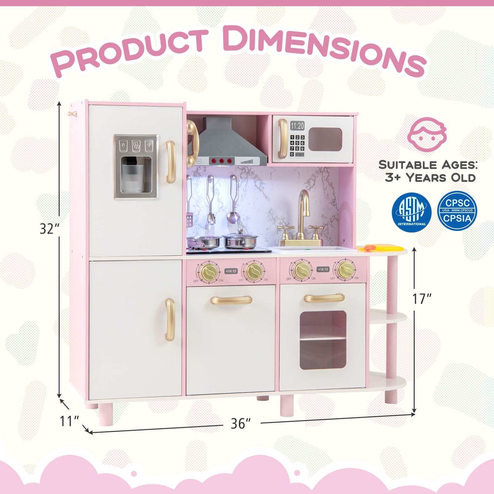 Costway Wooden Kids Kitchen Playset Ice Maker Sounds Pink