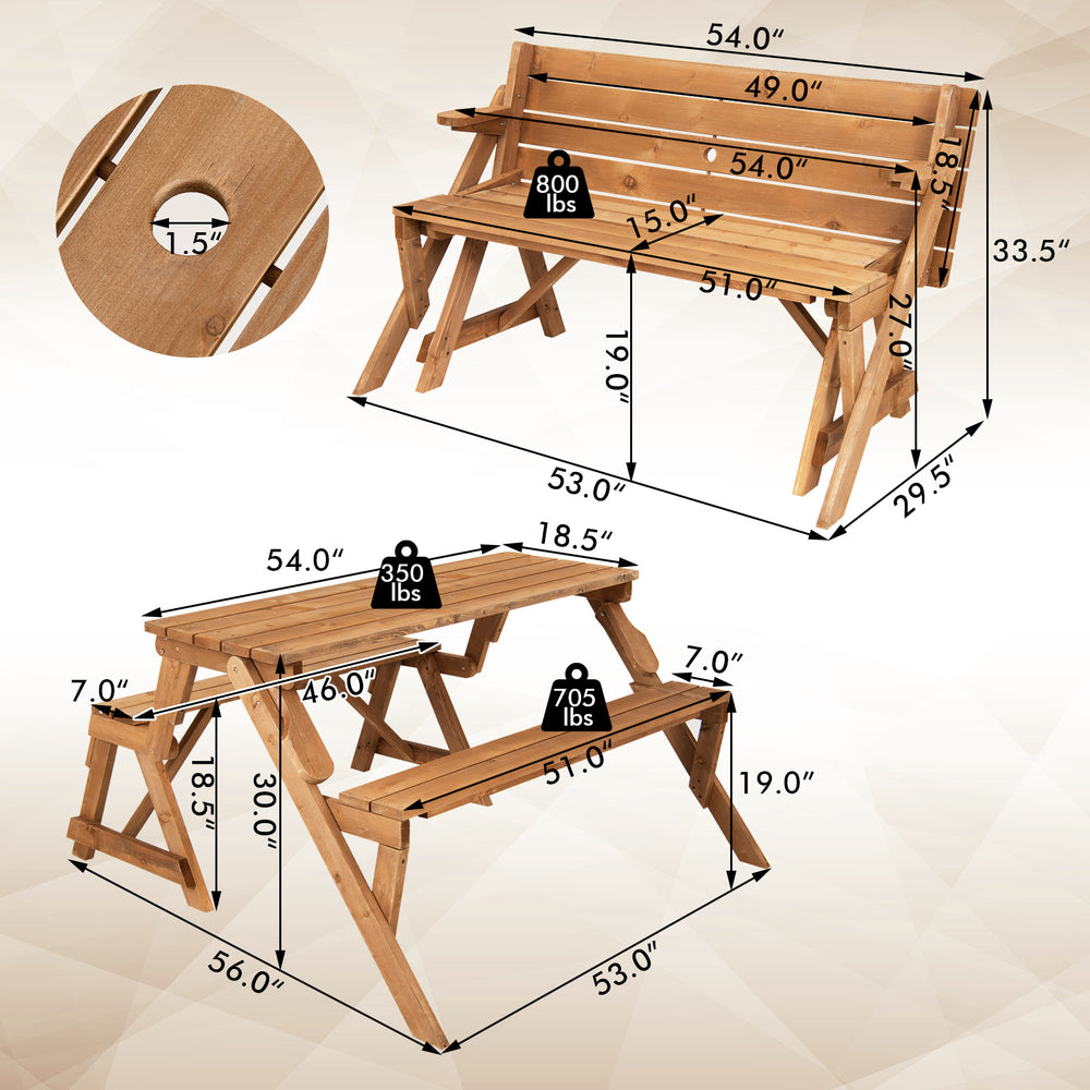 Transforming wooden picnic table bench in dark brown, accommodates 4 people, features umbrella hole, perfect for.