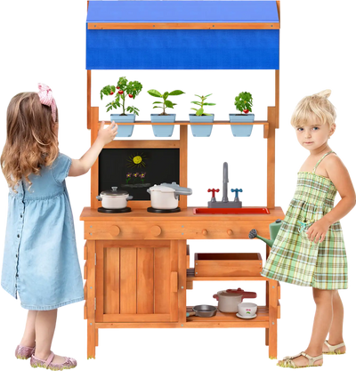 Costway Wooden Pretend Play Kids Kitchen Height Adjustable Canopy 93472561 New