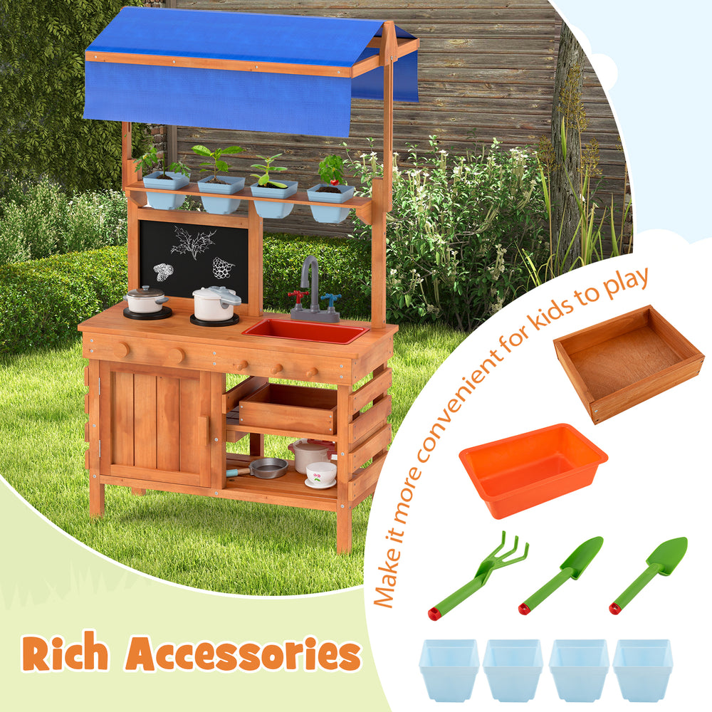 Wooden pretend play kitchen with height adjustable canopy, featuring a sink, planting cups, and rich accessories for.