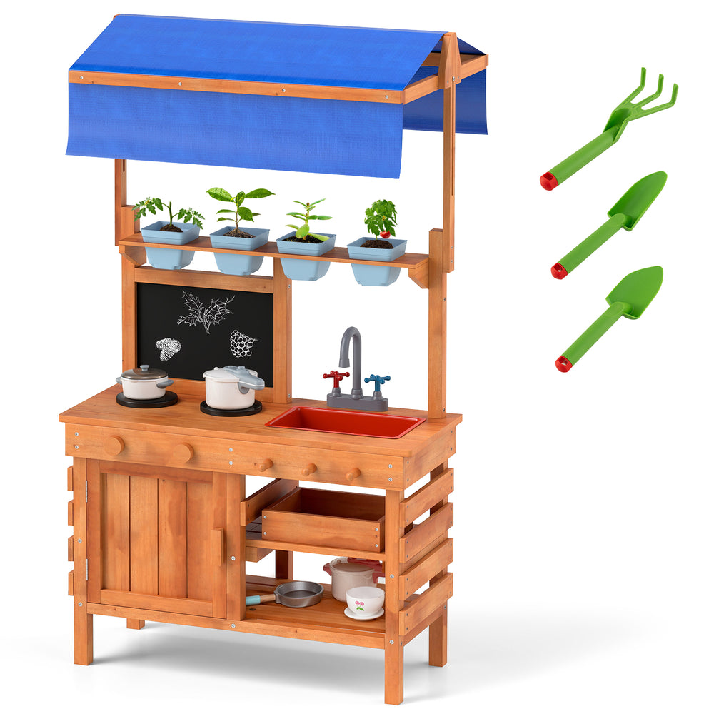 Wooden pretend play kitchen with height adjustable canopy, featuring planting cups, sink, and accessories for kids'.