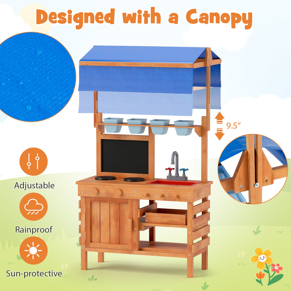 Wooden pretend play kitchen with height adjustable canopy, rainproof design, and planting cups for kids' imaginative.