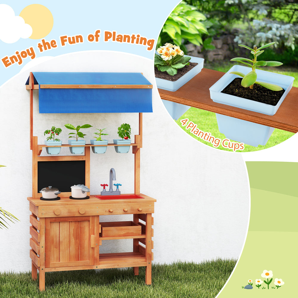 Wooden pretend play kitchen with height adjustable canopy, featuring 4 planting cups and versatile sink for kids' fun.