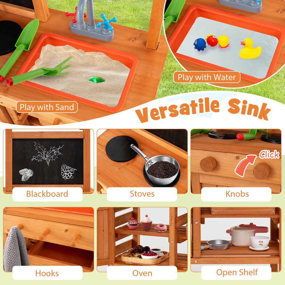 Wooden pretend play kitchen with versatile sink for sand or water play, featuring adjustable canopy and rich.