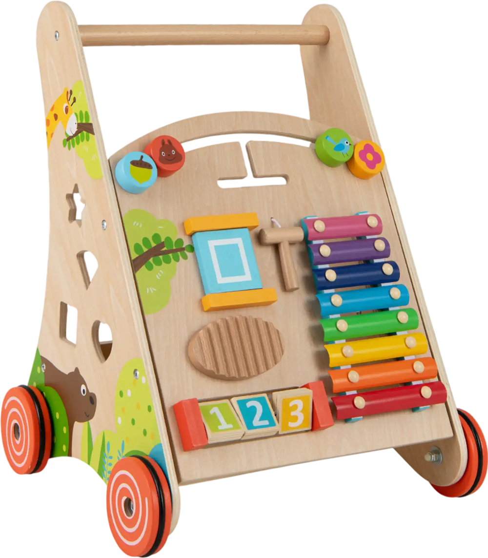 Wooden push and pull baby walker with storage, colorful activity features, designed for toddlers aged 3+ years.