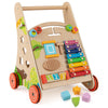 Wooden push and pull baby walker with storage, colorful activity features, promotes motor skills for kids 3+ years.
