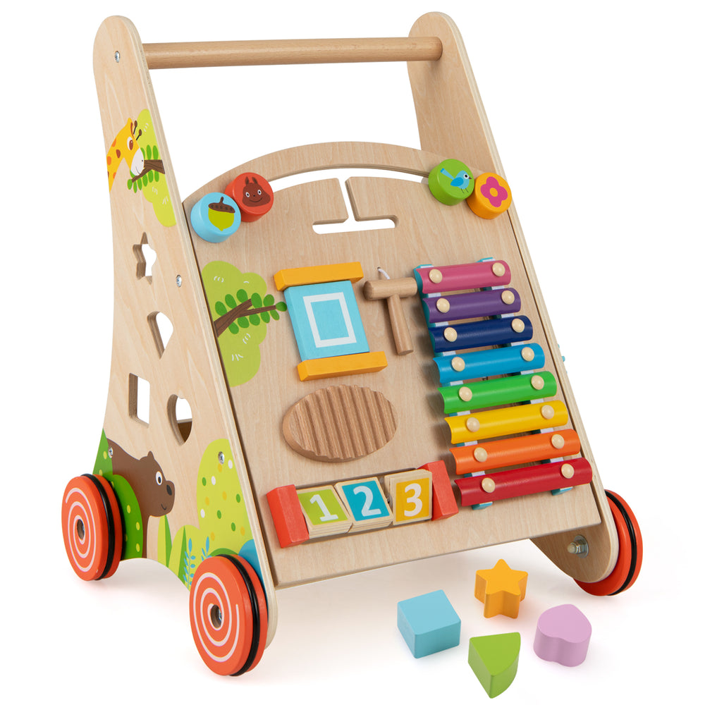 Wooden push and pull baby walker with storage, colorful activity features, promotes motor skills for kids 3+ years.