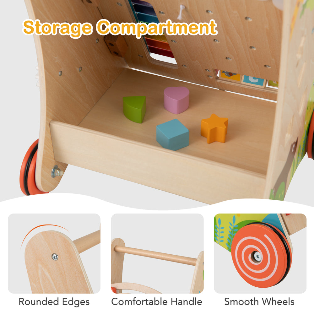 Wooden push and pull baby walker with storage compartment, rounded edges, comfortable handle, and smooth wheels for.