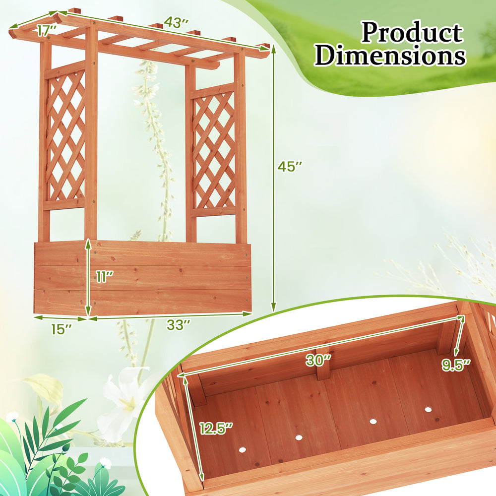 Wooden raised garden bed with trellis and hanging roof, made of fir wood, ideal for outdoor plant cultivation.
