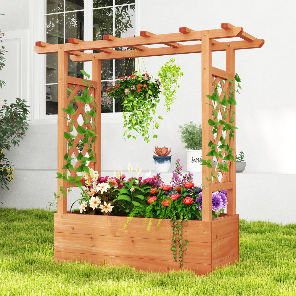Wooden raised garden bed featuring side trellises for climbing plants, made of durable fir wood and perfect for garden.