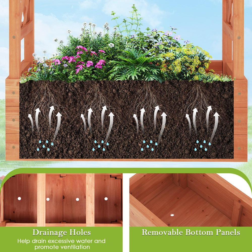 Wooden raised garden bed with drainage holes and removable bottom panels, perfect for thriving plants in outdoor spaces.