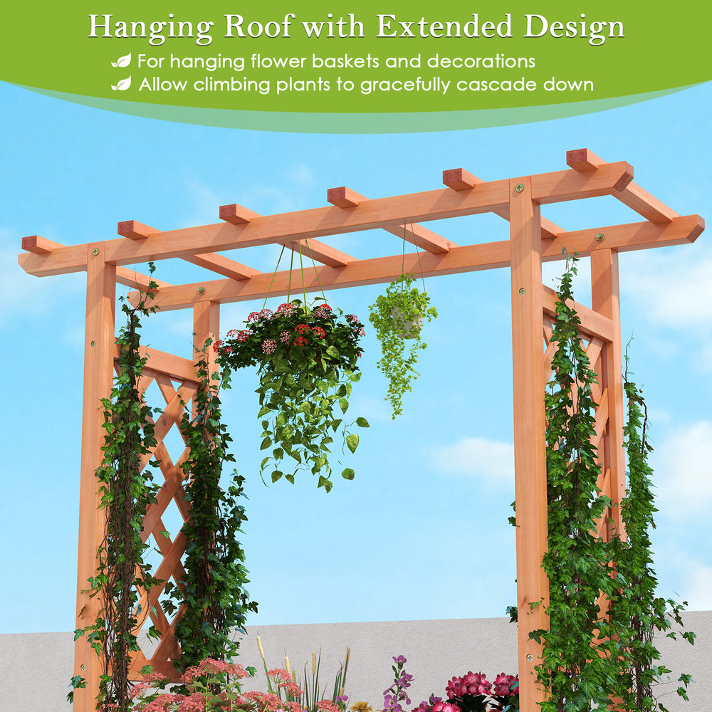 Wooden raised garden bed with trellis and hanging roof, made of durable fir wood, ideal for climbing plants and outdoor.