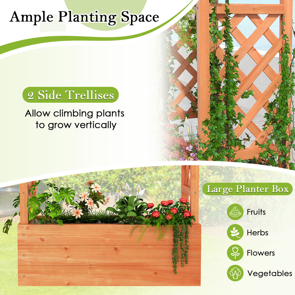 Wooden raised garden bed with trellis, featuring a large planter box for fruits, herbs, and flowers in outdoor settings.