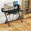 K-shaped gaming desk with wire management tray, headphone hook, and spacious diamond-patterned PVC surface for gamers.