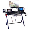 Multifunctional e-sport gaming desk with K-shaped design, cup holder, headphone hook, and spacious PVC-wrapped surface.