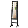 Side view of a black mirrored jewelry cabinet armoire with LED lights, highlighting the full-size mirror and elegant.