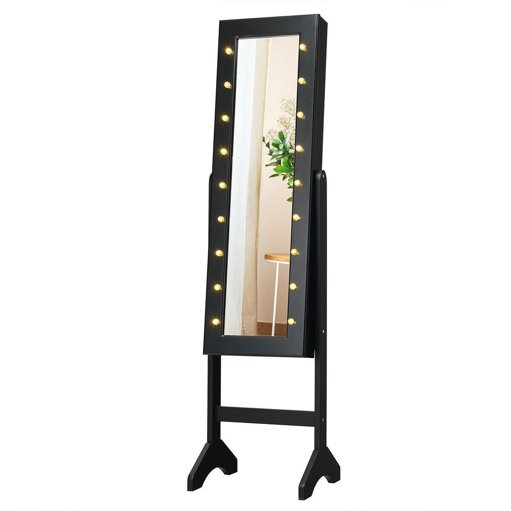 Side view of a black mirrored jewelry cabinet armoire with LED lights, highlighting the full-size mirror and elegant.