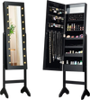 Full-length mirrored jewelry cabinet armoire in black with LED lights, featuring storage for earrings, rings, and.