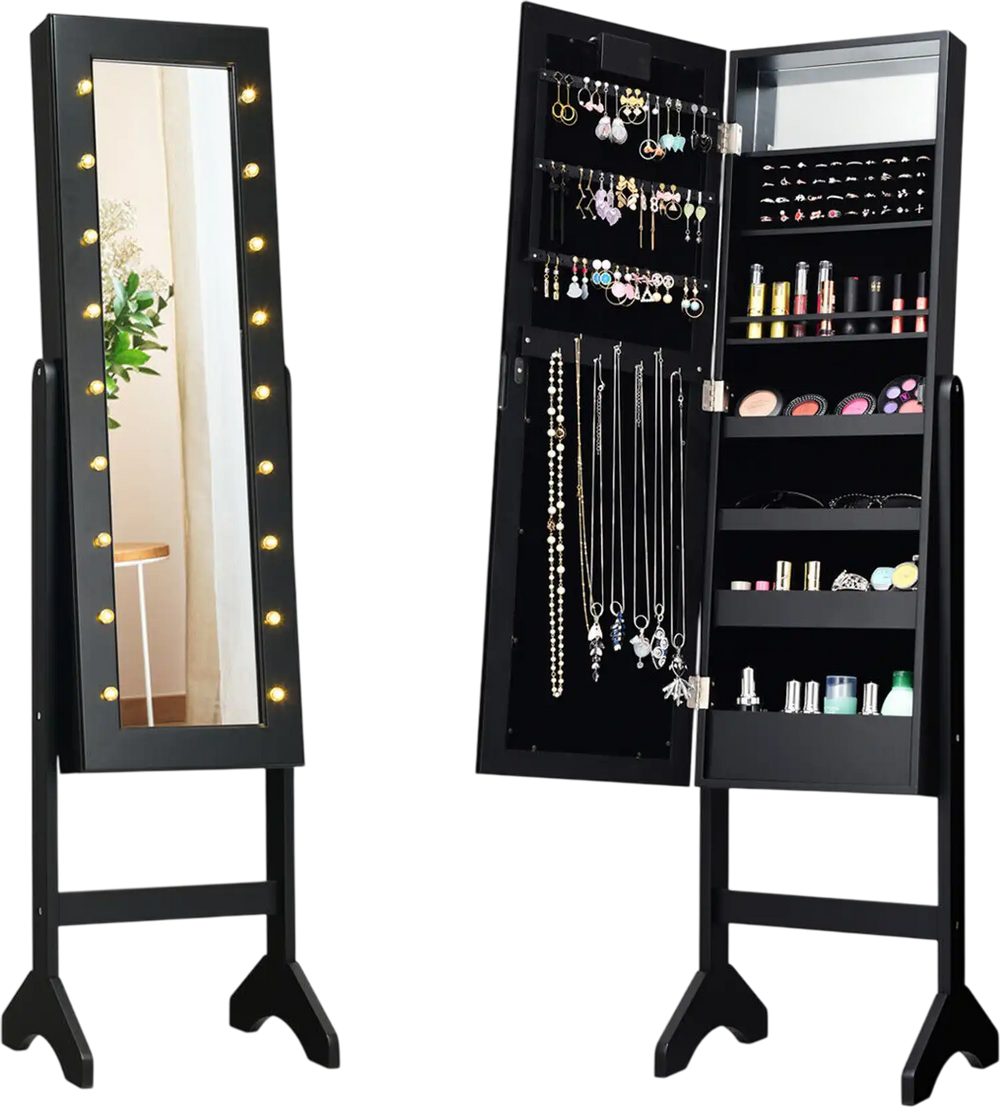 Full-length mirrored jewelry cabinet armoire in black with LED lights, featuring storage for earrings, rings, and.